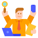 Businessperson with orange tie holding a magnifying glass, smartphone, and laptop, representing multitasking.