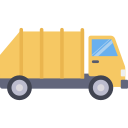 Yellow garbage truck in side view, with blue windows and gray wheels.