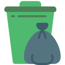 Green trash can with a black garbage bag in front of it