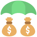 Green umbrella covering two money bags with dollar signs.