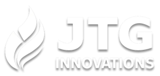 JTG Innovations logo with orange flame icon and bold orange text on white background