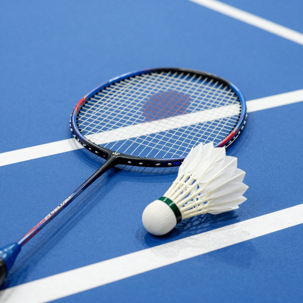 Professional badminton court with BWF branding and high-quality equipment.