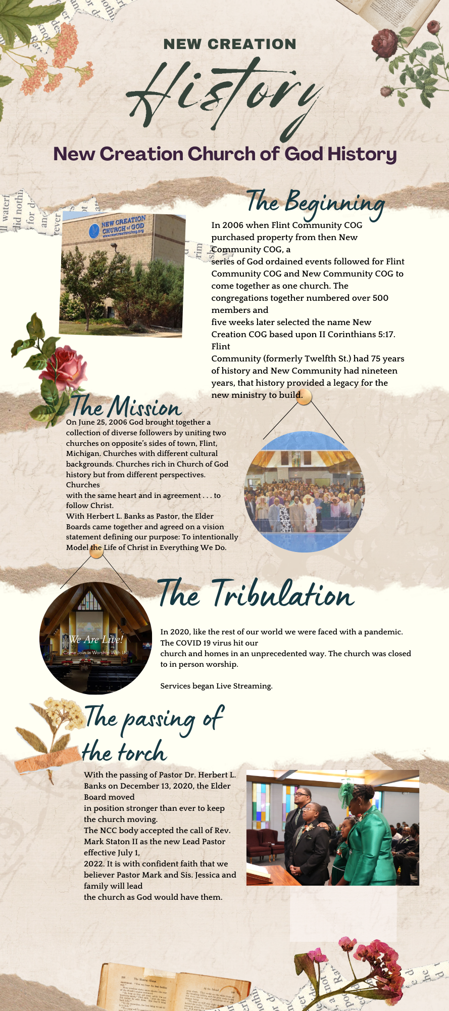 Timeline infographic about New Creation Church of God history, featuring text, images, and decorative floral elements.