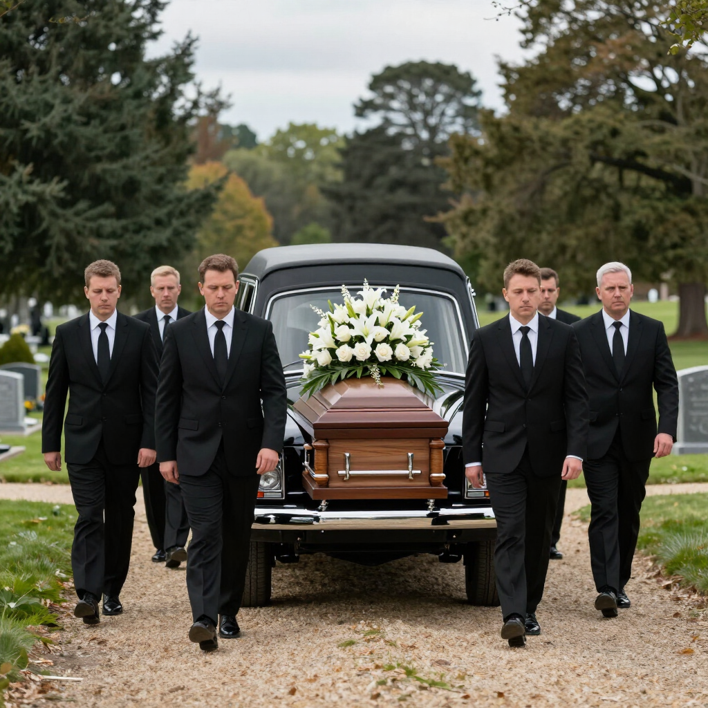 I portatori di bara, vestiti con abiti neri, trasportano una bara ornata di fiori bianchi attraverso un cimitero.