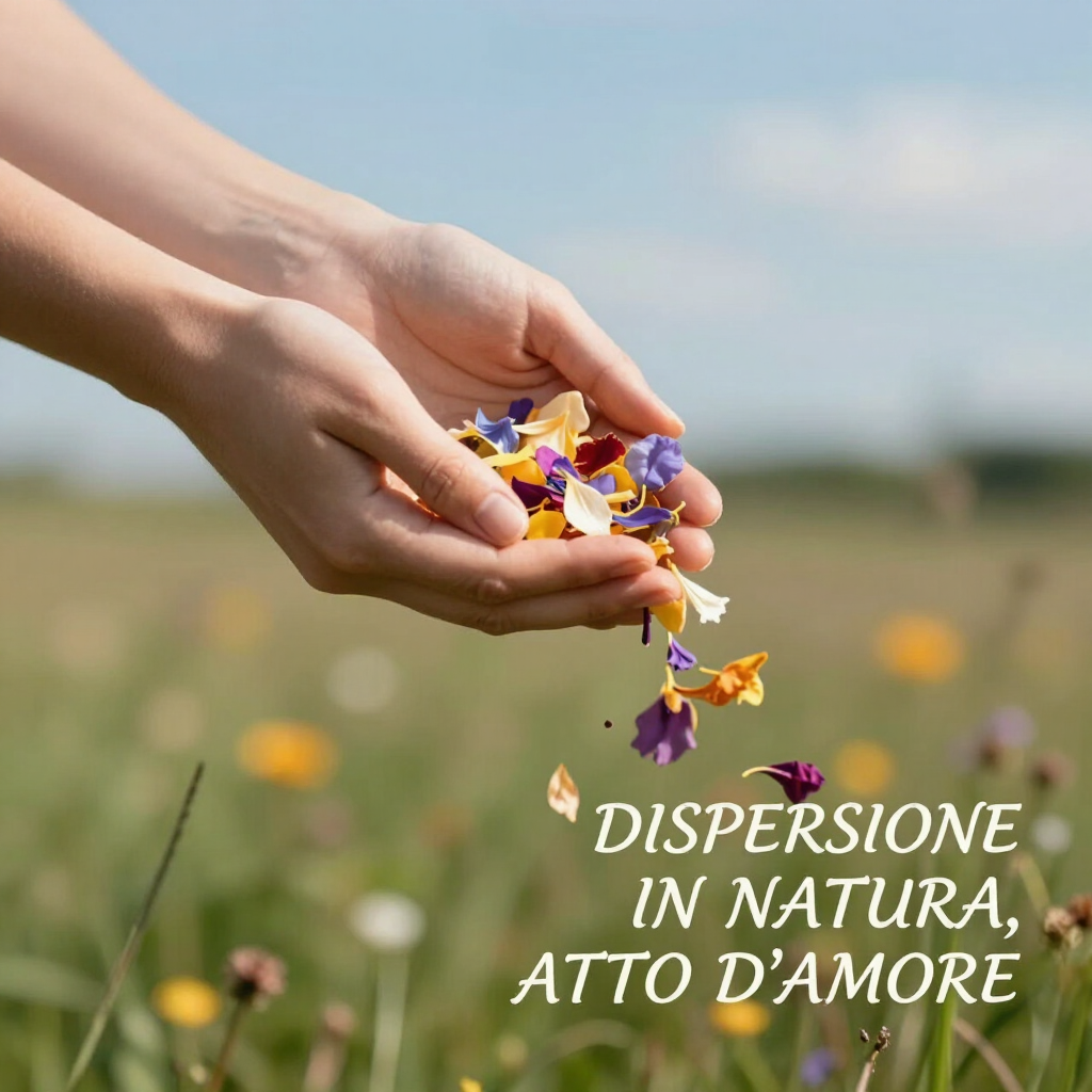 Mani che disperdono petali colorati in un campo illuminato dal sole con la scritta: “DISPERSIONE IN NATURA, ATTO D'AMORE”