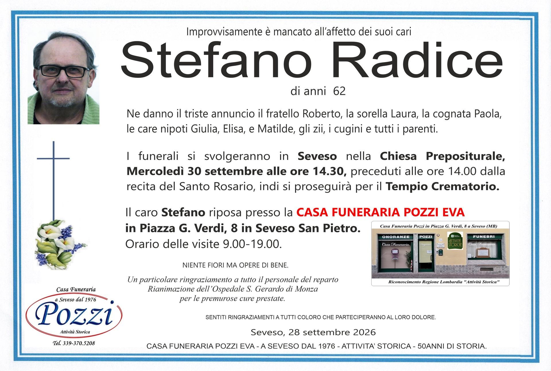 Manifesto elettorale del Dott. Pippo Patrizio, con ritratto, testo e logo Pozzi su sfondo azzurro.