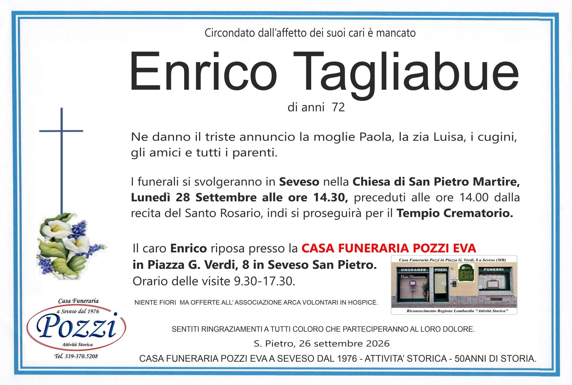 Funerale poster for Enrico Tagliabue, with obituary text and funeral home details, in blue and white.