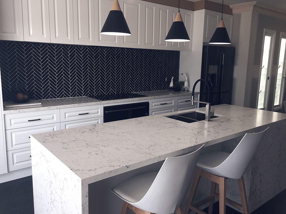 Modern Kitchen With White Countertops, Black Herringbone Backsplash — Affordable Tiles and Pavers In Morisset, NSW