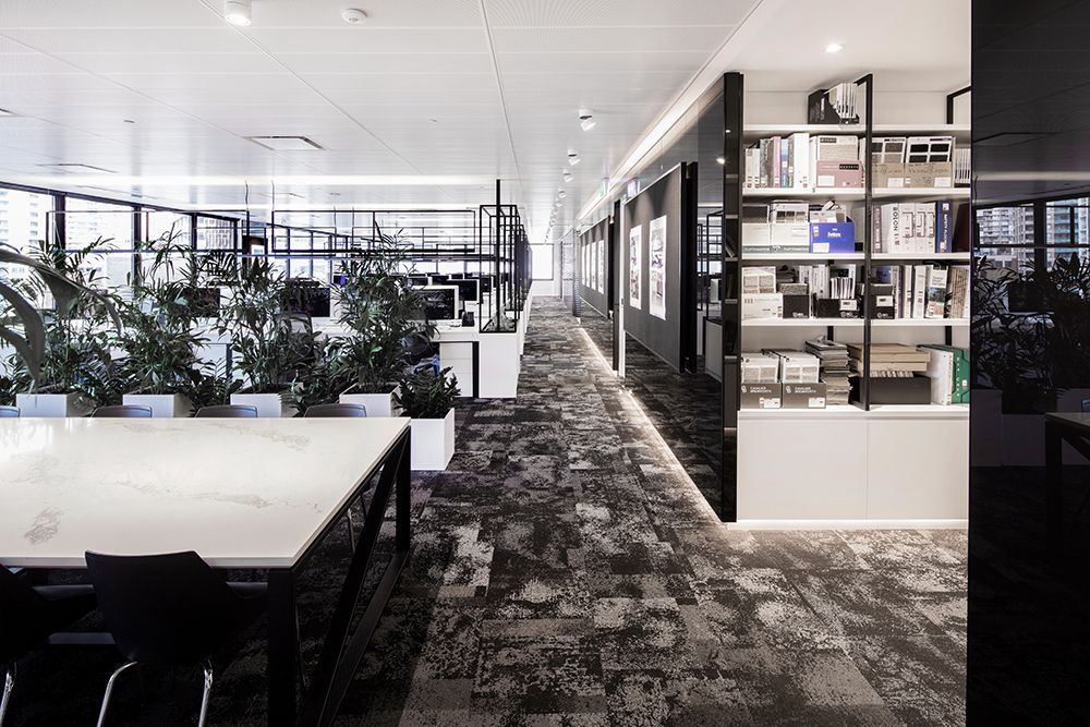 Modern Office Interior With Long Hallway, Desks, Bookshelves, Plants — Affordable Tiles and Pavers In Morisset, NSW