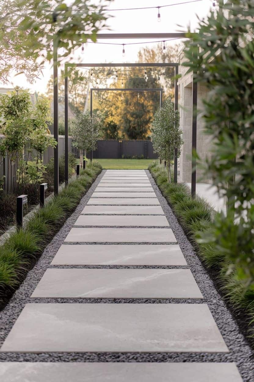 Modern garden pathway with square stone pavers, gravel edges, and lush greenery on both sides