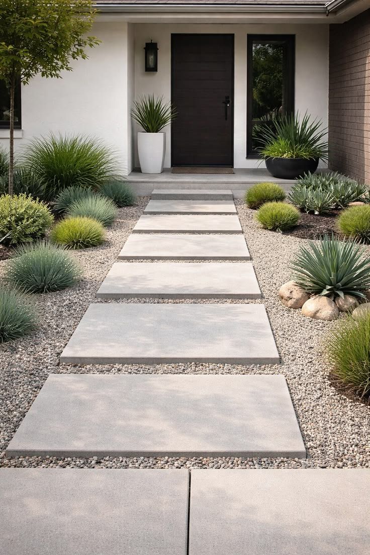 Modern home front entry with concrete stepping stones, gravel landscaping, and a dark front door