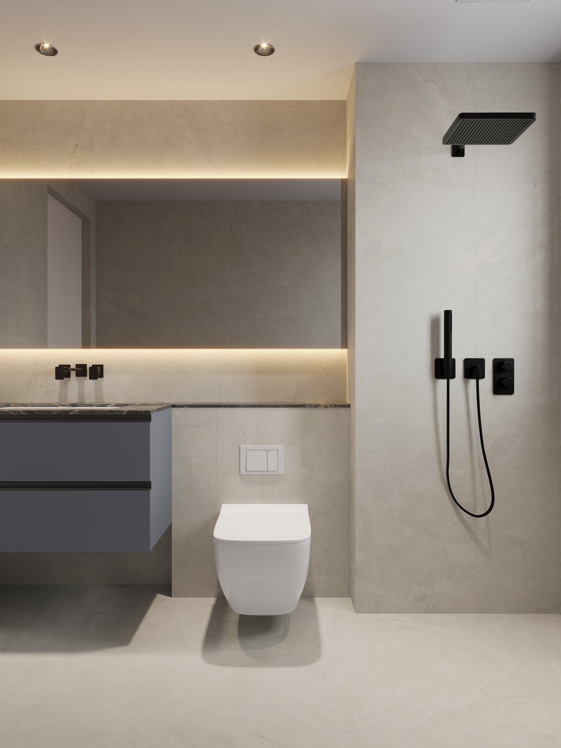 Modern beige bathroom with vanity, toilet, and wall-mounted shower set