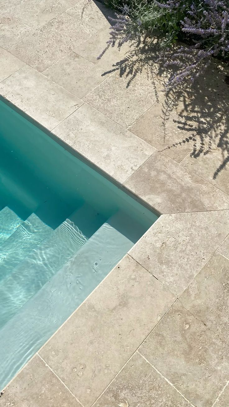Turquoise swimming pool corner beside beige stone patio with sunlight and plant shadows