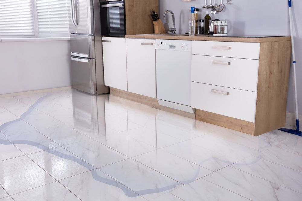 Kitchen With Water Puddle on Floor — Affordable Tiles and Pavers In Central Coast, NSW