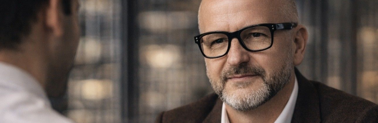 Close-up van een man met een bril en een blazer, die in een wazige binnenomgeving met iemand praat.