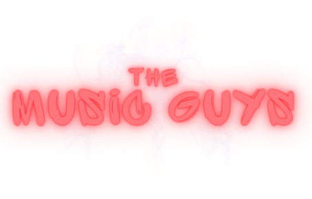 The music guys logo is red and glowing on a white background.