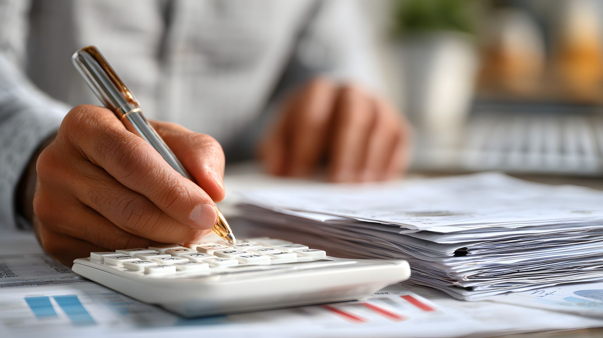 Hand using a calculator beside paperwork and financial documents on a desk.