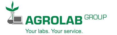 Het logo van AGROLAB Group met een groen blad en een laboratoriumicoon, slogan: