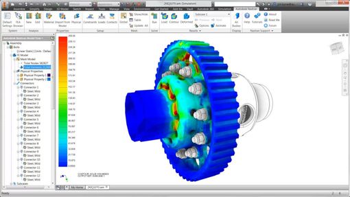 3D CAD-simulatie van een tandwielassemblage met blauwe spannings-/warmtekaartcontouren en legenda van de kleurenschaal