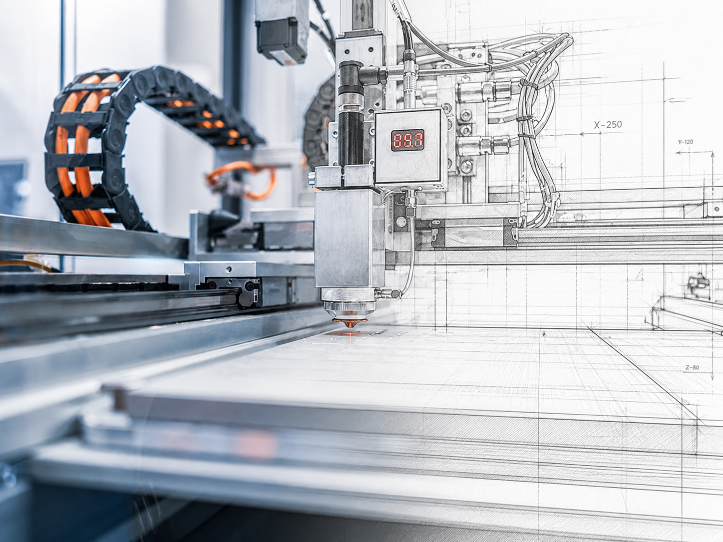 Industriële CNC-machine met een bewegende gereedschapskop en een schetsachtige overlay voor technische tekeningen.
