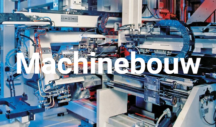 Industriële machine met blauwe geautomatiseerde apparatuur en het woord