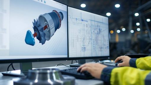 Ingenieurhanden aan het werk bij een werkstation met twee beeldschermen waarop een 3D CAD-model en een technische tekening worden weergegeven.