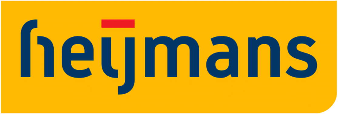 Het Heijmans-logo in donkerblauw op een gele achtergrond met een klein rood accent boven de tekst.