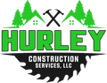 Hurley Construction Services logo with green trees, crossed hammers, and a black saw blade