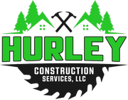 Hurley Construction Services logo with green trees, crossed hammers, and a black saw blade