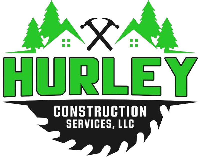 Hurley Construction Services logo with green trees, crossed hammers, and a black saw blade