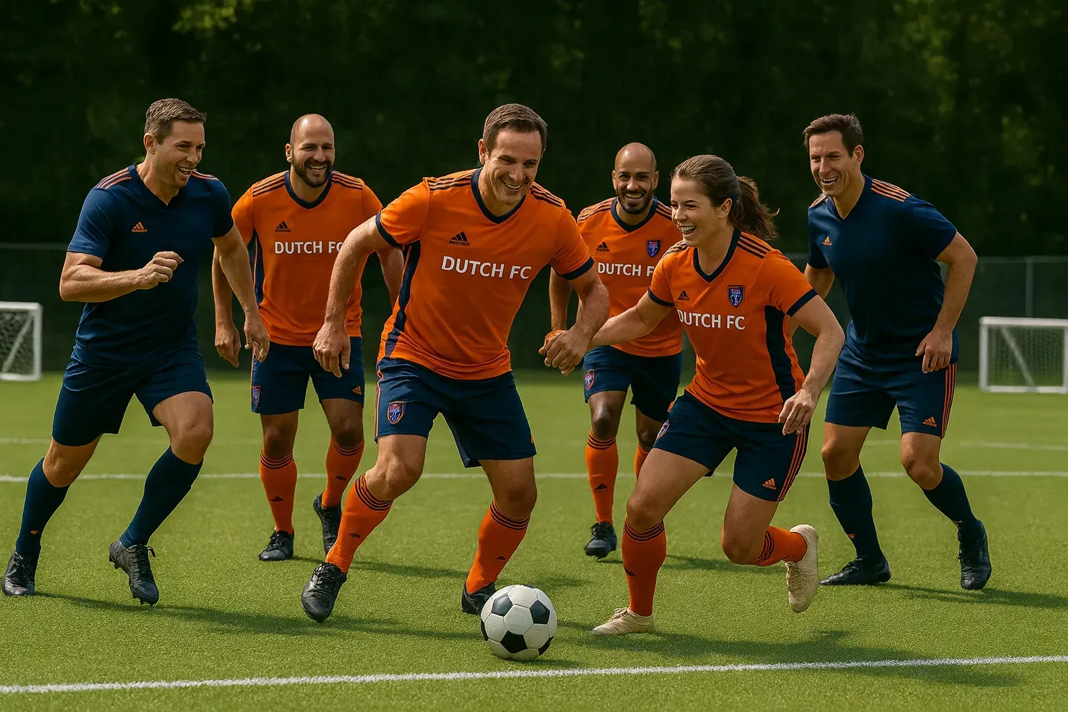 Adult soccer practice on field