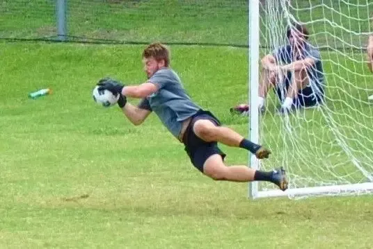 Soccer goalkeeper diving to catch a ball near the goalpost on a grassy field