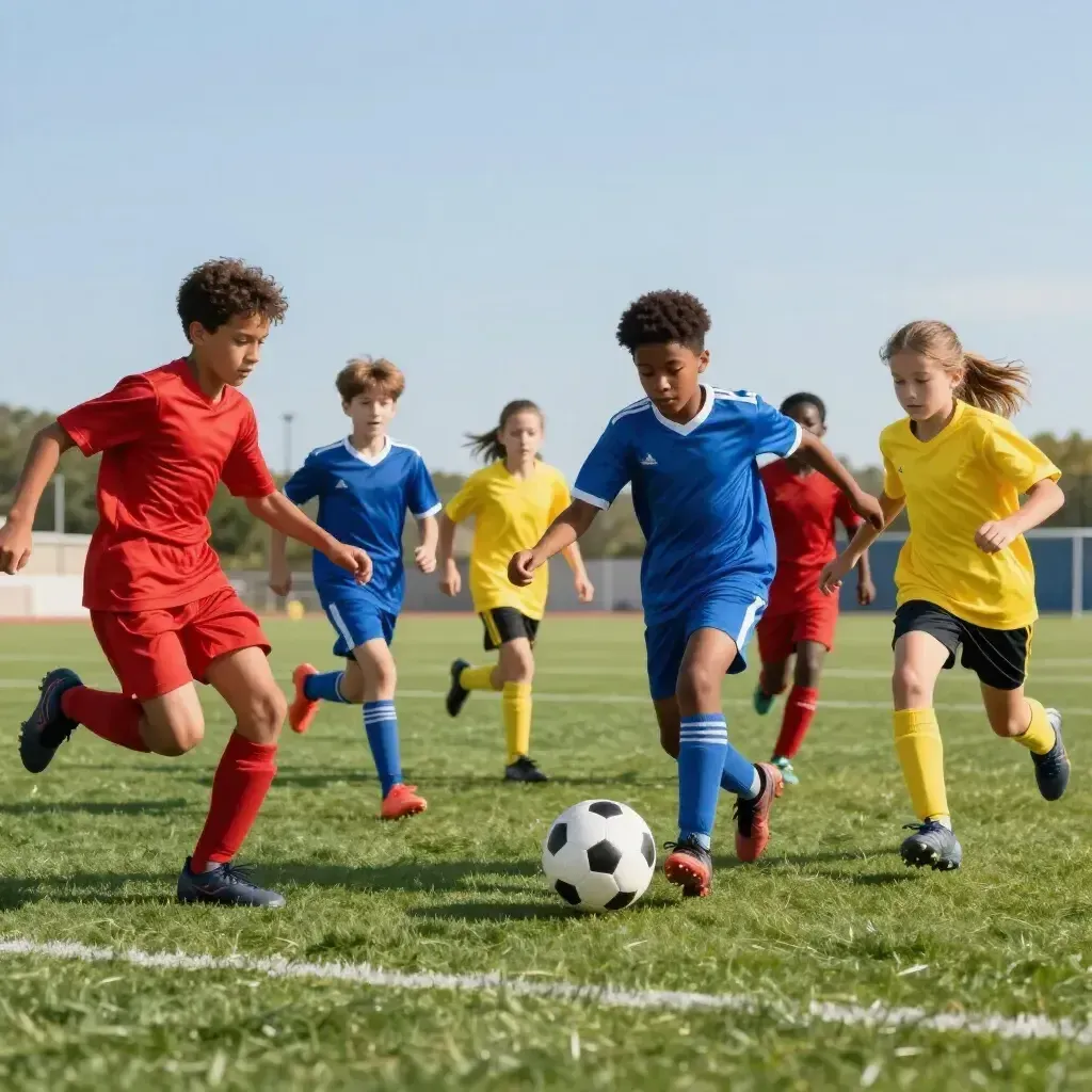 Children playing soccer on a sunny field, chasing a black-and-white ball in colorful uniforms