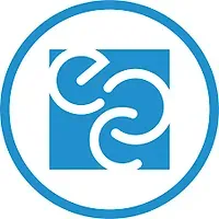 A blue and white logo with two arrows in a circle.