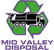 The logo for mid valley disposal shows a garbage truck and a recycling symbol.