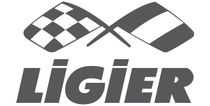 Logo Ligier con bandiere a scacchi stilizzate sopra il nome del marchio