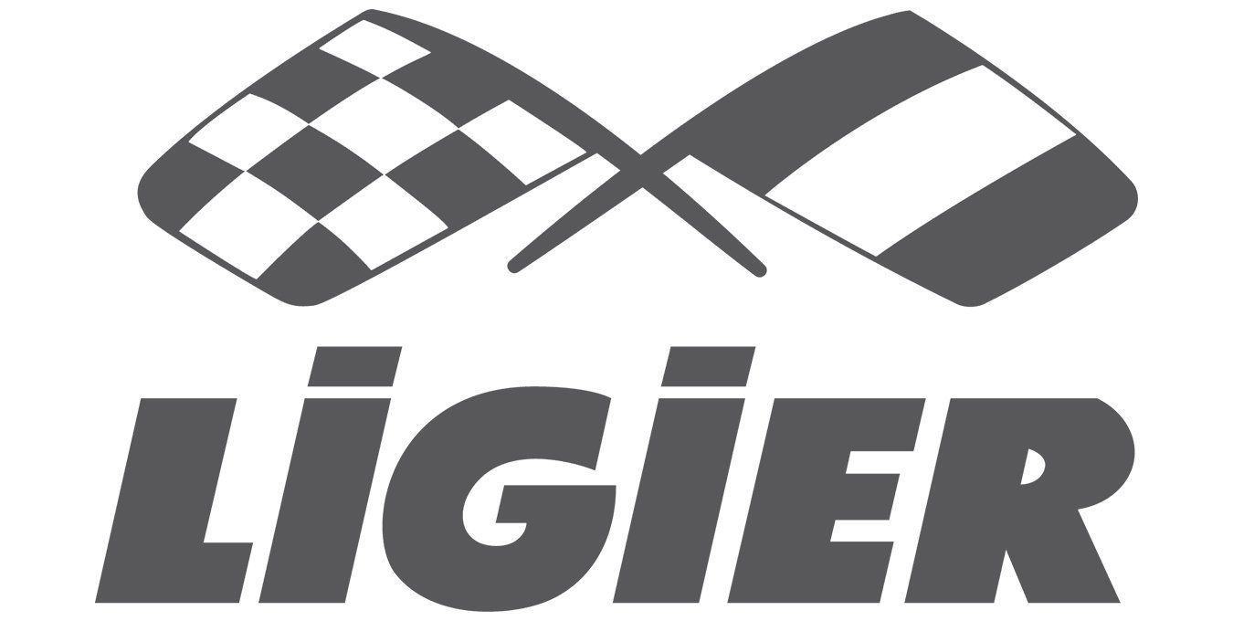 Logo Ligier con bandiera a scacchi stilizzata e marchio denominativo grigio