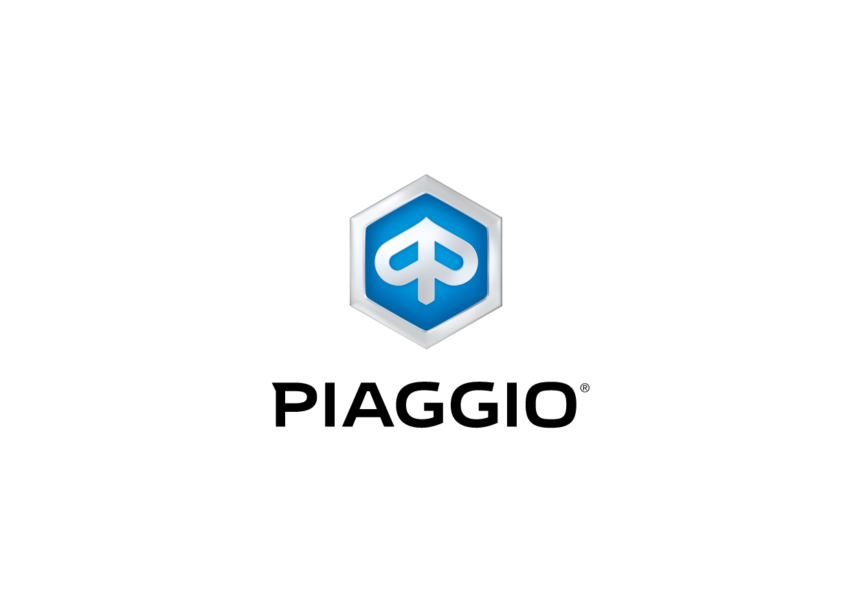 Logo Piaggio con emblema esagonale blu e logotipo nero su sfondo bianco