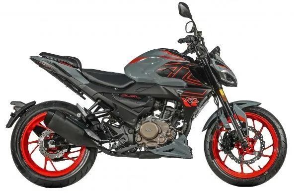 Moto sportiva nera e rossa vista di lato su sfondo bianco