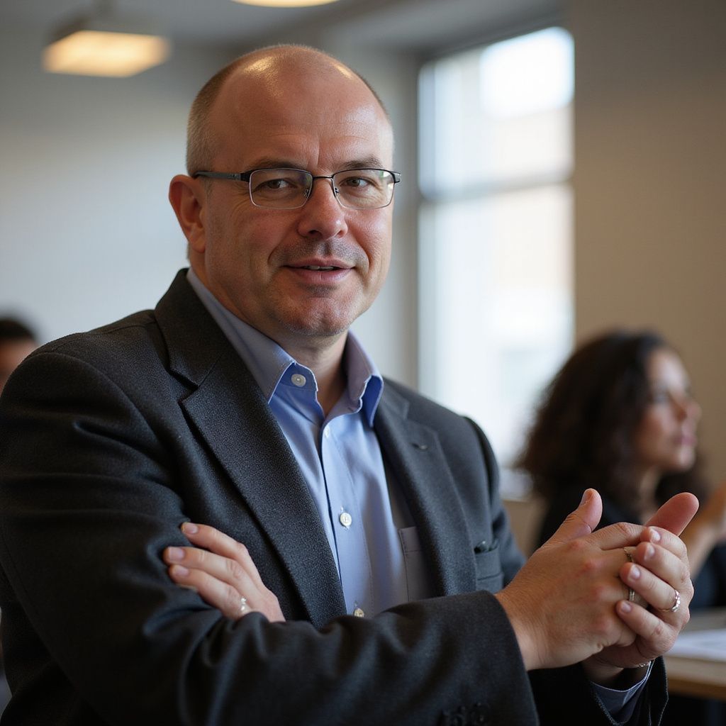 Man with glasses, arms crossed, smiles at a class. Wearing blazer and blue shirt.