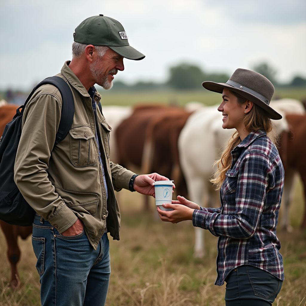 Man and woman in field with cattle, sharing a small container. Man wears hat, backpack, woman wears a hat and plaid shirt.