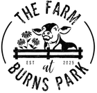 Black and white logo: Cow behind a fence, flowers,