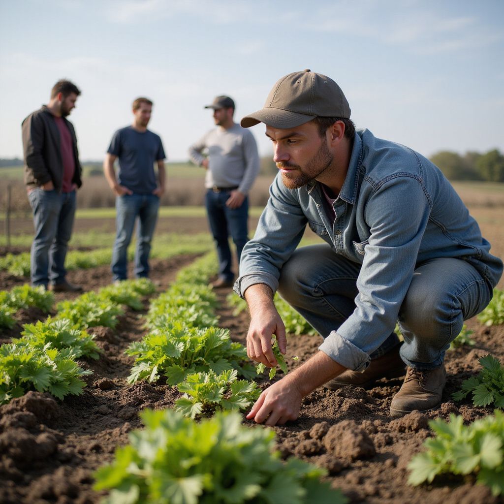 Farmer examining crops in a field, other men in background, sunny day.