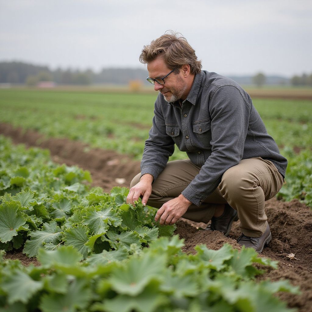 A man inspecting leafy green plants in a field; wearing glasses, dark gray shirt, tan pants.