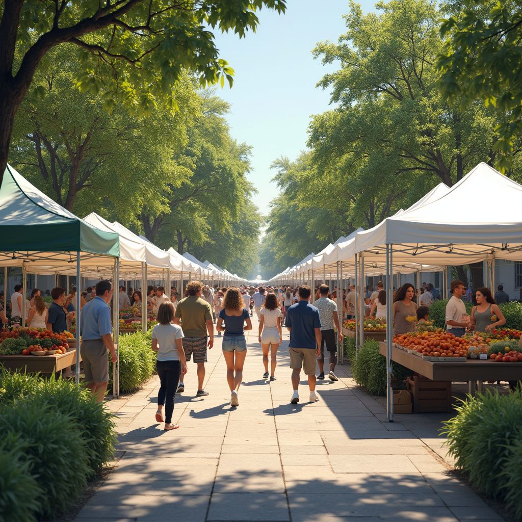 People browse a farmers market lined with white tents on a sunny day.