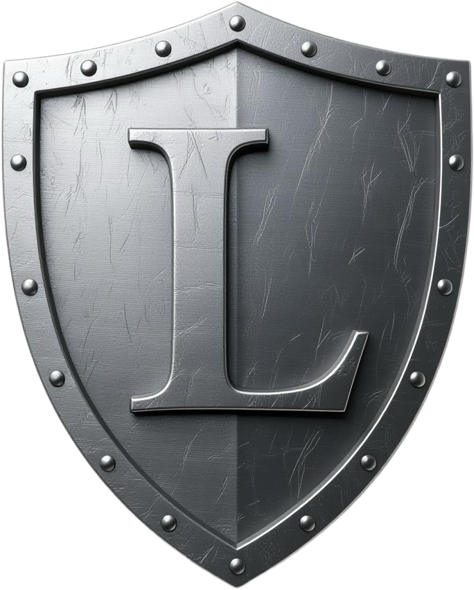 A metallic, dark gray knight's shield featuring the letter