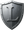 A metallic, dark gray knight's shield featuring the letter
