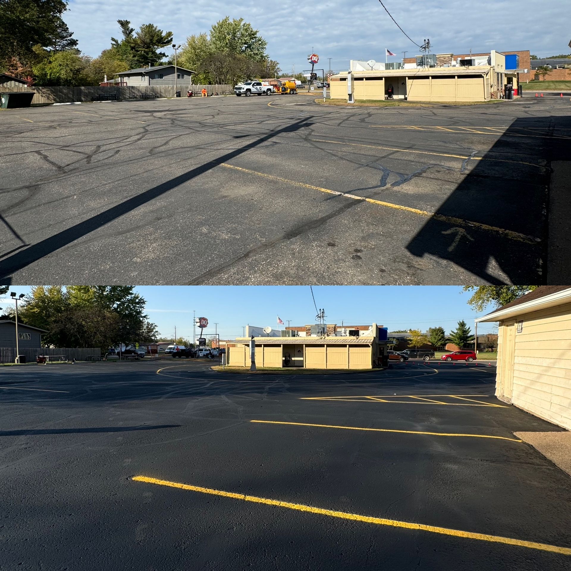 A before and after photo of a parking lot