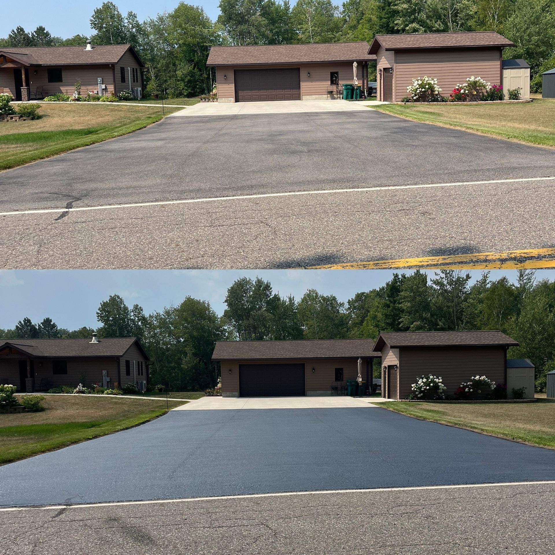A before and after picture of a driveway in front of a house