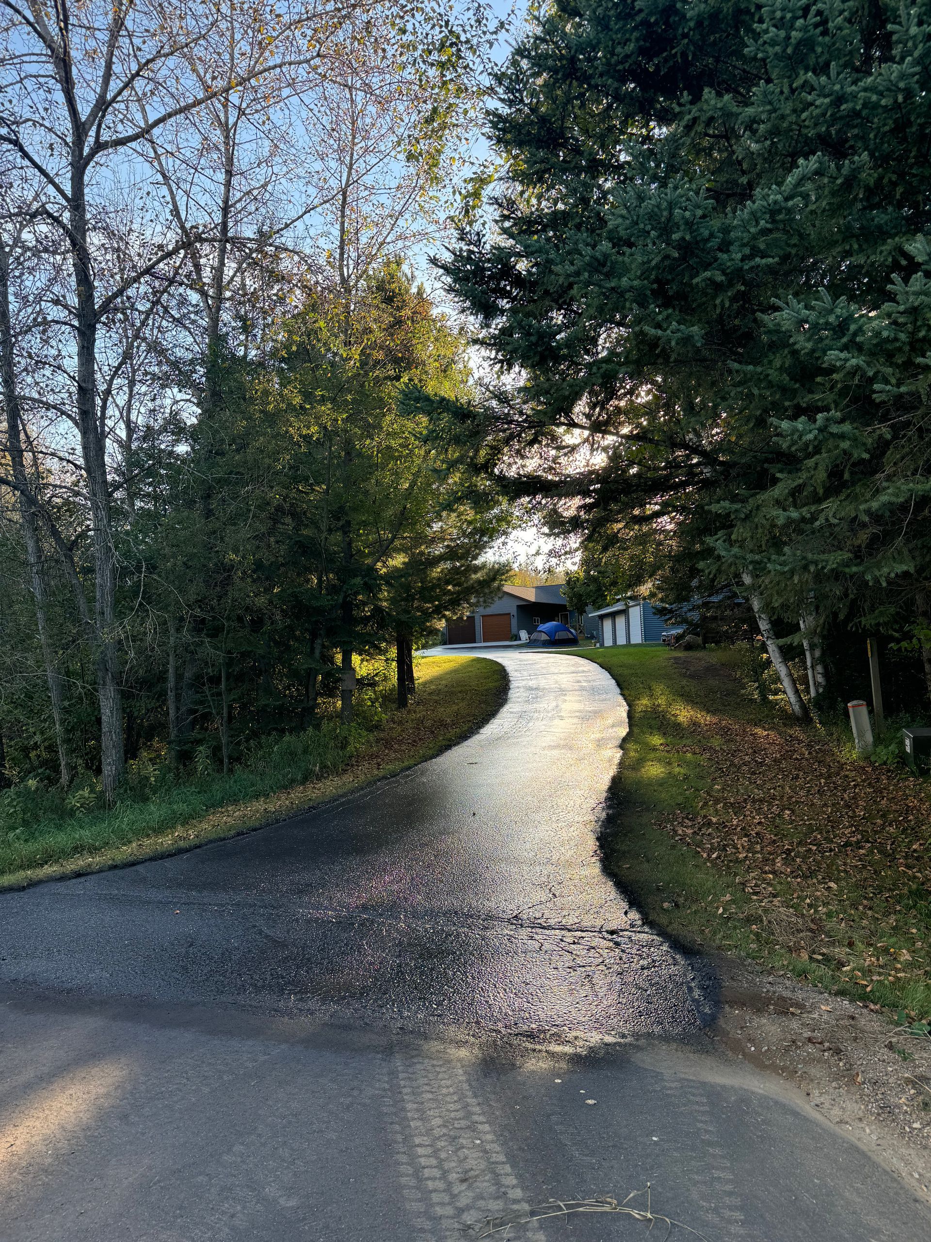 A driveway leading to a house surrounded by trees and grass.